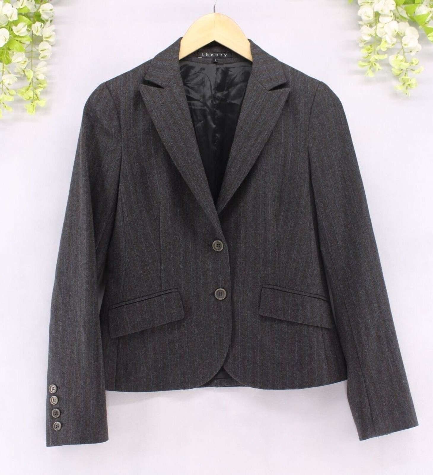 Theory Nettie Blazer Women's Sz 4 Gray Striped Wool Blend 2-Button Office Jacket